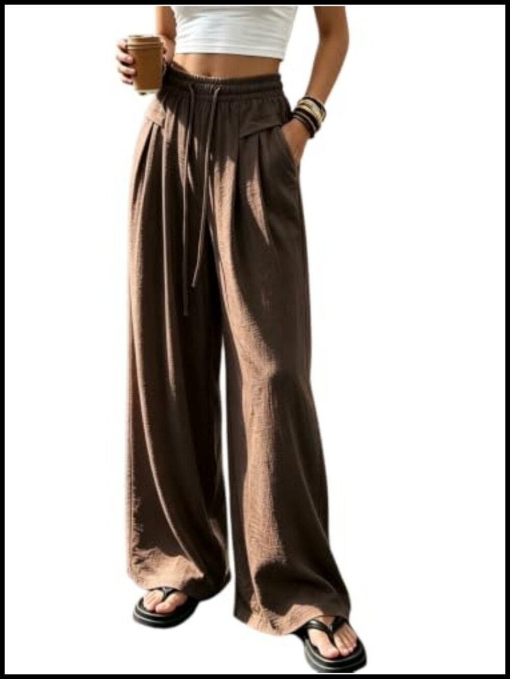 High Waist Wide Leg Palazzo Pants Pleated Drawstring Pockets Casual